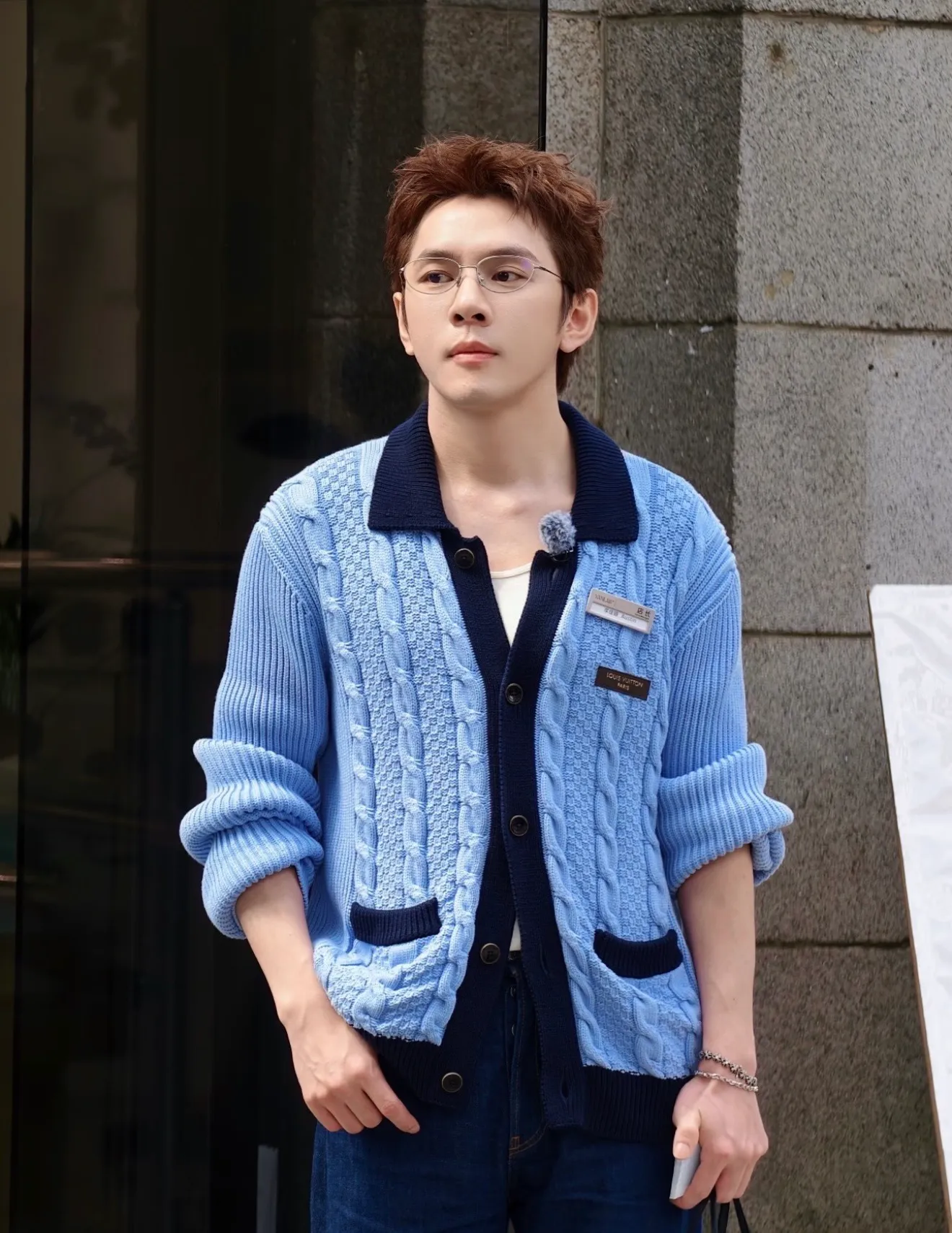 Louis Vuitton/Louis Vuitton leather label blue collar cable knit cardigan